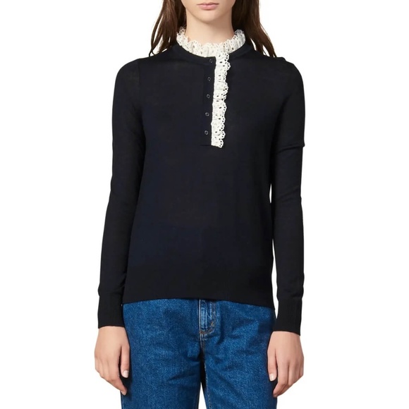 Sandro Colane Eyelet Detail Wool-Blend sweater, Size 2 Navy blue - Picture 1 of 4